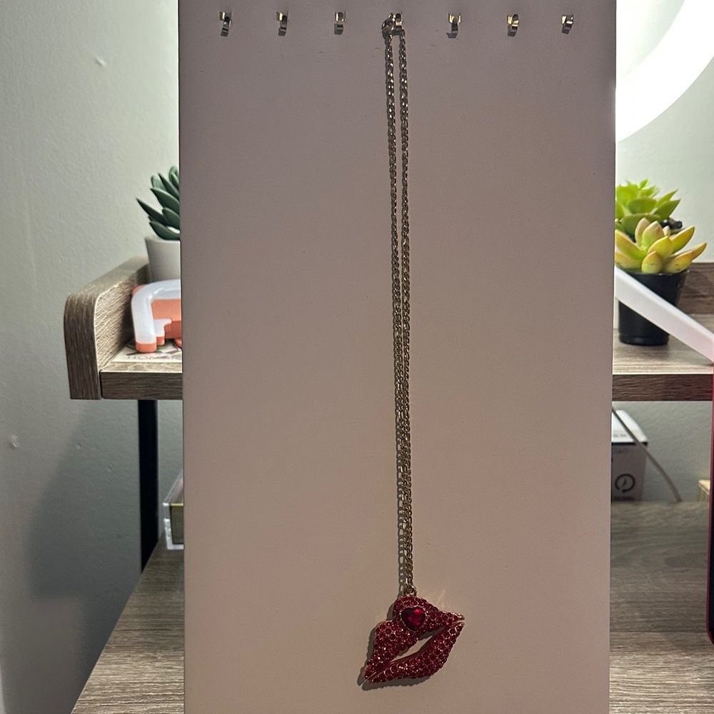 Gold Chain Necklace with Red Lip Pendant